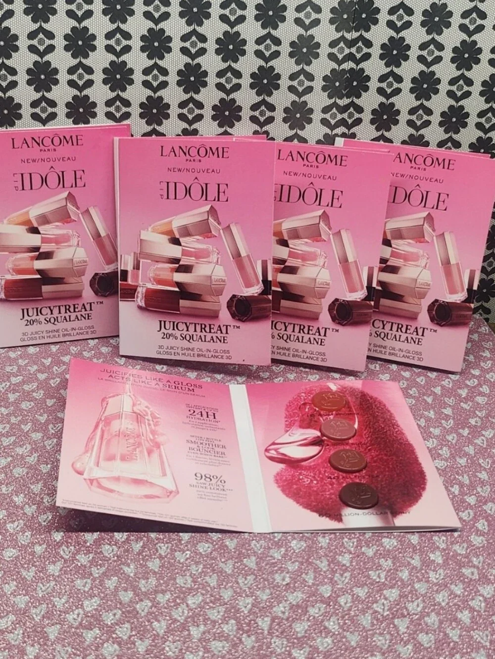 5 QTY- Lancome JuicyTreat 3D Juicy Shine Oil-In-Gloss Sample Cards 4x0.5ml each
